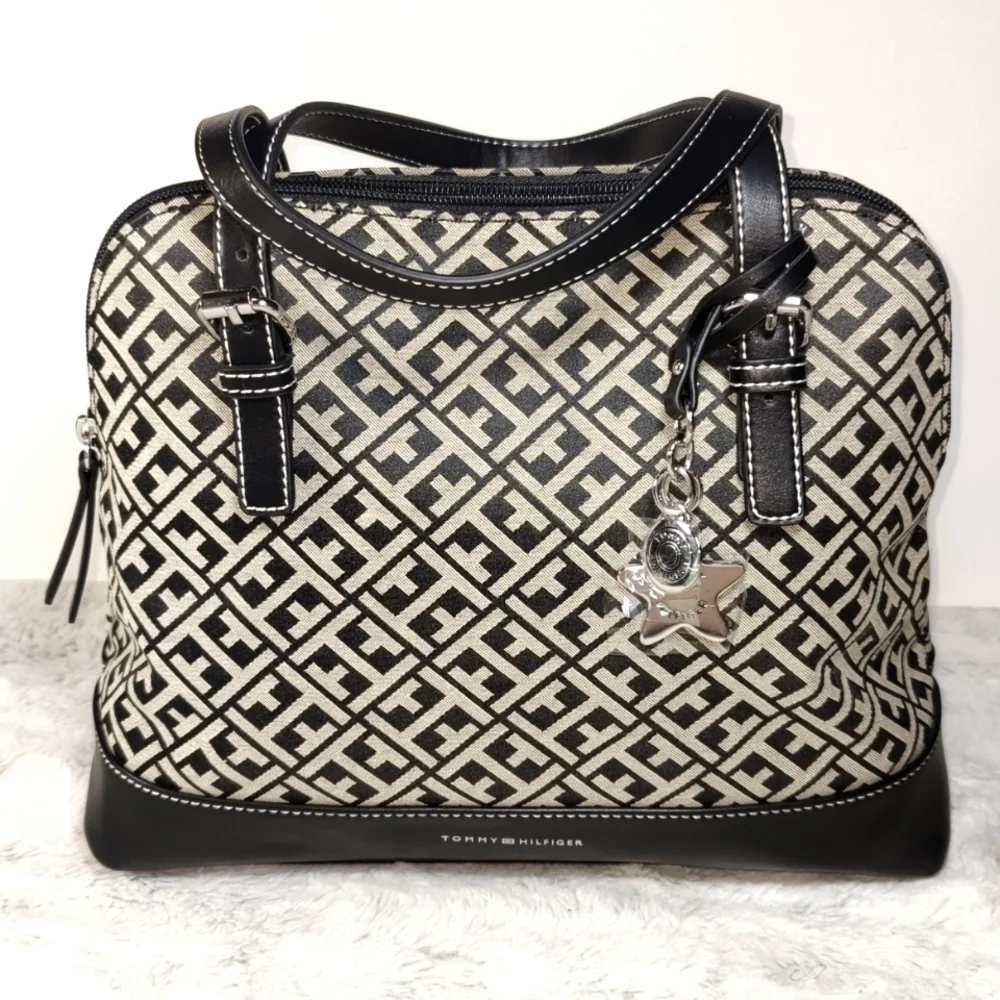 NWT Tommy Hilfiger Black and Tan In Signature Canvas Print Satchel - Picture 1 of 12